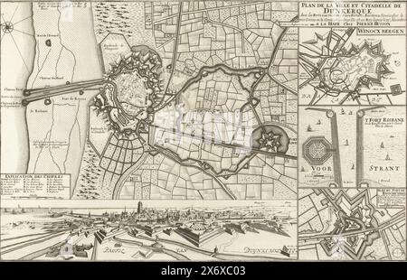 Plan der Festung von Dunkirk, 1712, Plan de la Ville et Citadelle de Dunkerque avec les Forts zux environs (...) Elle EST au Roy depuis le 27e Novembre [1662] et cédée à L Angleterre en 1712 (Titel zum Objekt), Plan der Festung von Dunkirk, im Juni 1712 durch eine Vereinbarung der Engländer besetzt. Unten eine Ansicht von Dunkirk, rechts Befestigungspläne von Sint-Winoksbergen, Fort Risbank und Fort Knokke., Druck, Druckerei: Anonym, Verlag: Pieter Husson, (auf dem Objekt erwähnt), the Haag, 1712 - 1732, Papier, Ätzen, Höhe, 373 mm x Breite, 580 mm Stockfoto