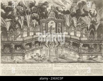 Feuerwerk bei der Feier des Friedens von Utrecht, 1713, Image of the Fireworks, geweiht in den Haag, von seinen hochmächtigen Generälen der Vereinigten Niederlande, beendet mit der Feier des Friedens von Frankreich am 11. April 1713. Utrecht, Representation du feu d’artifice fait a la Haye (...) (Titel zum Objekt), Stellat mit Feuerwerk des Generalstaatsanwalts auf dem Hofvijver in den Haag während der Friedensfeier von Utrecht, 14. Juni 1713. In der Bildunterschrift die Titel und Legenden des Feuerwerks in Niederländisch und Französisch., Druck, Druckerei: Anonym, nach Entwurf: Daniël Stockfoto