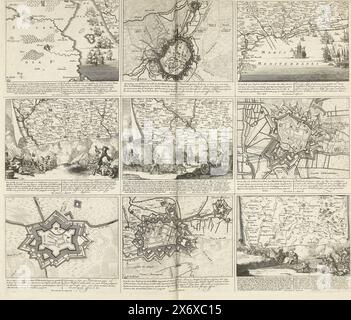 Theater des Krieges (Seite, Blatt mit neun Darstellungen von Ereignissen aus dem Jahr 1710 des Spanischen Erbfolgekrieg und Karten befestigter Städte. Inschriften in der Aufführung in Niederländisch und Lateinisch. Platte 10 im Druckwerk mit der gebündelten Serie von 33 Platten mit Darstellungen (meist unterteilt in 9 kleinere Szenen) von Ereignissen aus den Jahren 1700-1727 des Spanischen Erbfolgekrieges und der Folgejahre, Karten und Pläne., Druck, Druckerei: Pieter Schenk (I), Verlag: Pieter Schenk (I), (erwähnt auf Objekt), Staten van Holland en West-Friesland, (erwähnt auf Objekt), Druck Stockfoto