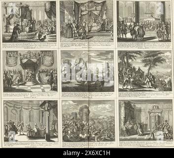 Theater of the war (Seite XXI), 1720, Theater of the war beginnend mit König Karl dem zweiten in Schlachten und Belagerungen, sowohl auf Wasser als auch an Land, mit den wichtigsten Festungen (...) (Serientitel auf Objekt), Blatt mit neun Darstellungen von Ereignissen aus dem Jahr 1720. Inschriften in der Darstellung in Niederländisch und Lateinisch. Platte 20 im Druckwerk mit der gebündelten Serie von 33 Platten mit Darstellungen (meist in 9 kleinere Szenen unterteilt) von Ereignissen aus den Jahren 1700-1727 des Spanischen Erbfolgekrieges und den Folgejahren, Karten und Pläne., Druck, Druckerei Stockfoto