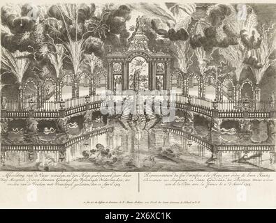 Feuerwerk bei der Feier des Friedens von Utrecht, 1713, Image of the Fireworks, geweiht in den Haag, von seinen hochmächtigen Generälen der Vereinigten Niederlande, beendet mit der Feier des Friedens von Frankreich am 11. April 1713. Utrecht, Representation du feu d’artifice fait a la Haye (...) (Titel zum Objekt), Stellat mit Feuerwerk des Generalstaatsanwalts auf dem Hofvijver in den Haag während der Friedensfeier von Utrecht, 14. Juni 1713. In der Bildunterschrift sind nur die Titel (und nicht die Legenden des Feuerwerks) in Niederländisch und Französisch., Print, Print Maker: Anonym Stockfoto