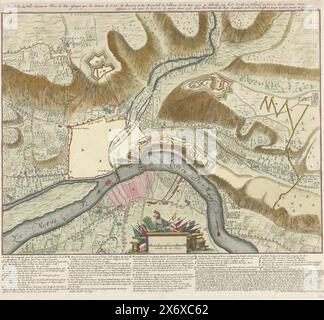 Karte der Belagerung von Huy, 1705, Plan de La Ville Chateau et Forte de Huy, unterstützt vom Armeez de S.A.E. de Baviere et du Marechal de Villeroy am 26. Mai 1705 et defendus par le Sr. Cronstrom Collonel au Service des provinces unies Jusquaá 11 du mois de Juin Anne 1705 (Titel zum Objekt), Landkarte Huy, belagert von Bayern und Franzosen und verteidigt von Oberst Cronstrom im Dienste der Staatsarmee vom 26. Mai bis 11. Juni 1705, als die Stadt kapituliert wird. Unten die Legenden A-Z auf Französisch und Niederländisch., Druck, Druckerei: Pieter Schenk (I), (erwähnt auf dem Objekt), Bernard de Roy (I) Stockfoto