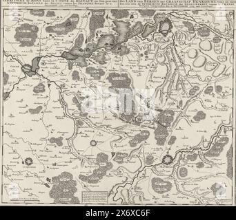 Karte mit der Schlacht von Malplaquet, 1709, Territoire de Mons dans la comté di Hennegau, nach der Schlacht der Siegerschlacht der Alliierten gegen die Francois: Am 11. September 1709, das Land Mons in der Grafschaft Hennegau, wo man die siegreiche Schlacht der Alliierten gegen die französischen Wächter am 11. September 1709 sehen kann (Titel auf Objekt), Karte der Region im Hennegau zwischen Mons (Mons), Condé und Maubeuge mit der Schlacht von Malplaquet zwischen den Alliierten unter dem Herzog von Marlborough und dem Prinzen von Savoyen und den Franzosen am 11. September 1709. Unten eine Kartusche Stockfoto