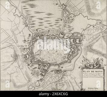 Belagerung von Mons, 1709, Plan de Mons Ville Forte Capitale du Comté d'Hainaut Assiegée par les troupes des Alliez Sous le Commandement du Prince d'Orange la Tranchée a été ouverte le 25. September 1709 (Titel auf Objekt), Karte der Belagerung von Mons (Mons) im Hennegau durch die Alliierten unter dem Prinzen von Orange vom 25. September 1709. Unten rechts eine Kartusche mit dem Titel, verziert mit Waffen und Bannern., Druck, Druckerei: Pieter van Call (II), (auf dem Objekt erwähnt), Verlag: Anna Beeck, (auf dem Objekt erwähnt), Druckerei: Nordholland, Verlag: Den Haag, 1709, Papier, Radierung, Höhe Stockfoto