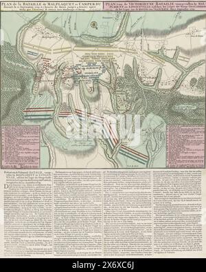 Karte der Schlacht von Malplaquet, 1709, Plan de la Bataille de Malplaquet et Camperdu donnée le 11. September 1709. à 7. Heures du Marin jusqu'a 4. Heures apres midy, que l'Ennemy se retira vers Maubeuge, et Bavay, Plan des siegreichen Bataillons, das in Malplaquet stattfand, und Longueville, zwischen der Armee der Hohen Alliierten und der Armee des Königs von Frankreich, 11. September 1709 (Titel auf Objekt), Karte der Schlacht bei Malplaquet zwischen den Alliierten und den Franzosen, 11. September 1709. Unten die Legenden A-R auf Französisch und Niederländisch. Unter dem Druck wird ein Textblatt mit der Geschichte von eingefügt Stockfoto