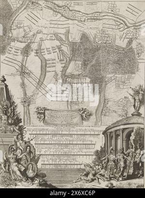 Schlacht von Malplaquet, 1709, Karte der Schlacht von Malplaquet zwischen den Alliierten und den Franzosen, 11. September 1709. Druck bestehend aus zwei zusammengesetzten Blättern. Über der Karte der Schlacht, unter der Schlachtordnung der alliierten Truppen. Auf der linken Seite ein Denkmal mit Spruchbändern und Waffen, im Vordergrund der Sieg mit Porträts des Prinzen von Savoyen, des Herzogs von Marlborough und des Earl of Tilly. Rechts Mars und Herkules in einem Tempel mit zwei Opferfrauen, auf dem Boden die besiegten Feinde., Druck, Druckerei: Anonym, Druckerei: Jan van Vianen, (möglicherweise Stockfoto