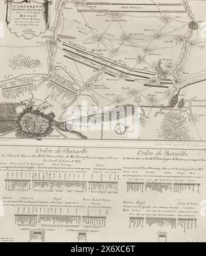 Lage der Alliierten bei der Belagerung von Douai, 1710, Campement de l'armée des Alliez pour couvrir le Belagerung de Douay; Contra l’armée Francoise qui vint pour faire Lever de dit Belagge, en Juin 1710 (Titel auf Objekt), Karte mit dem Standort der alliierten Armeen bei der Belagerung von Douai, die am 29. Juni 1710 gefangen genommen wurde. Unterhalb der Karte eine separate Platte mit den Schlachtbefehlen der Armeen des Herzogs von Marlborough und des Prinzen von Savoyen., Druck, Druckerei: Pieter van Call (II), (auf dem Objekt erwähnt), Verlag: Anna Beeck, (auf dem Objekt erwähnt), unbekannt, (auf dem Objekt erwähnt), Druckerei: Northern Stockfoto