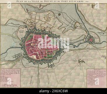 Belagerung von Douai, 1710, Plan de la Ville de Douay, et du Fort de l'Esacrpe. Etc. (Titel auf Objekt), Karte der Stadt Douai, belagert von den Alliierten, erobert am 29. Juni 1710. Kartuschen links und unten rechts mit den Legenden A-F und 1-10 in französischer Sprache., Druck, Druckerei: Anonym, Verlag: weduwe Nicolaes Visscher (II), (erwähnt auf Objekt), unbekannt, (erwähnt auf Objekt), Druckerei: Nordholland, Verlag: Amsterdam, 1710, Papier, Ätzen, Höhe, 480 mm x Breite, 590 mm Stockfoto