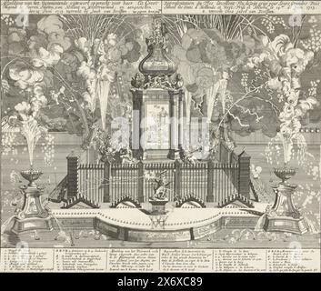 Feuerwerk bei der Feier des Friedens von Utrecht, 1713, Bild des Uytmund Feuerwerks für sie Ed: Großmächtiger die Herren Staeten von Hollant und WestVriesland, und zündeten am 14. Juni 1713 (Titel auf Objekt) Stellate mit Feuerwerk auf dem Hofvijver in den Haag während der Friedensfeier von Utrecht am 14. Juni 1713 an. In der Mitte der Tempel des Janus, gekrönt von der niederländischen Jungfrau mit einem Freiheitshut im Holländischen Garten. Der Tempel ist umgeben von sitzenden Figuren des Glaubens, der Freiheit, des Handels, der Wissenschaft und der Künste. Auf der Stockfoto