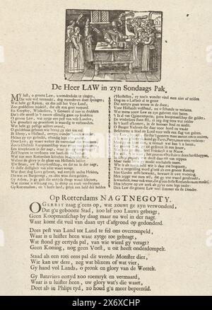 John Law in seiner Sonntagsklage, 1720, de Heer Law in zyn Sunday Suit, OP Rotterdams Nagtnegoty (Titel über Objekt), Het Groote Tafereel der Dwaasheid (extra Stücke) (Serientitel), Blatt mit zwei Versen und oben eine Darstellung eines Mannes, der hinter einem Schreibtisch sitzt, zwischen zwei Gruppen wütender Frauen, die ihn einen Dieb und einen Schurken nennen. Mit einem Vers in zwei Kolumnen über John Law und einem zweiten Gedicht in vier Versen über den Windhandel in Rotterdam im Jahr 1720. Gehört zur Gruppe der Seitendrucke, die zur Serie Tafereel der Dwaasheid mit Cartoons über den Windhandel oder Actiehandel von hinzugefügt wurden Stockfoto