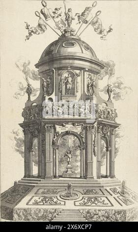 Ehrentor mit Feuerwerk anlässlich der Hochzeit zwischen Maria Theresia von Österreich und Franz Stephan, 1736, Ehrentor oder Tempel mit Lagerfeuern und Feuerwerk anlässlich der Hochzeit zwischen Maria Theresia von Österreich und Franz Stephan, 12. Februar 1736. In der Unterführung ist ein Amor, der einen Fackel abfeuert. Der Tempel verziert mit allegorischen und mythologischen Szenen und Bildern., Druck, Druckerei: Richard van Orley (II), (erwähnt auf Objekt), nach Zeichnung von: Peter Herrebosch, (erwähnt auf Objekt), nach Entwurf von: Peter Herrebosch, (erwähnt auf Objekt), Süd Stockfoto