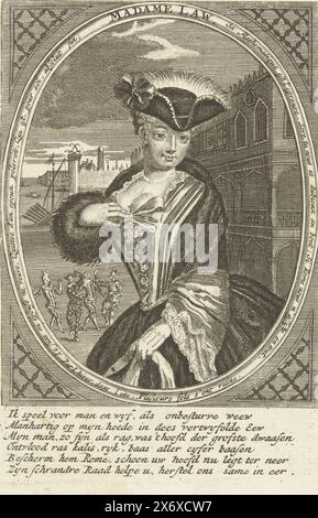 Portrait of Madame Law, ca. 1720, Madame Law (Titel über Objekt), Ovalporträt von Madame Law, ca. 1720. Halbfigur vor dem Markusplatz in Venedig, in der Ferne einige tanzende Karnevalsfreunde. Mit Randschrift auf Französisch und einer sechszeiligen Verse auf Niederländisch unter dem Porträt. Gehört zur Druckgruppe der Serie Tafereel der Foolheid mit Cartoons über den Windhandel oder Actiehandel von 1720., Druck, Druckerei: Claude Duflos, Frankreich, 1720 - 1722, Papier, Ätzen, Höhe, 126 mm x Breite, 84 mm Stockfoto