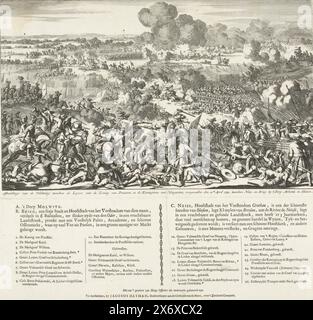 Schlacht von Mollwitz, 1741, Darstellung der Schlacht zwischen den Armeen des Königs von Preußen und der Königin von Ungarn, am 10. April 1741, zwischen Neiss und Brieg, von 't Dorp Molwitz in Silesien (Titel auf Objekt), Schlacht bei Mollwitz in Schlesien, wo die preußische Armee unter Friedrich dem Großen die österreichische Armee besiegt. Auf dem Blatt unter der Platte die Erläuterung der Szene A-C und 1-26., Druck, Druckerei: Jan Luyken, Verlag: Jacobus Hayman, (auf dem Objekt erwähnt), Druckerei: Nordholland, Verlag: Amsterdam, 1695 - 1699 und/oder 1741, Papier, Ätzen Stockfoto