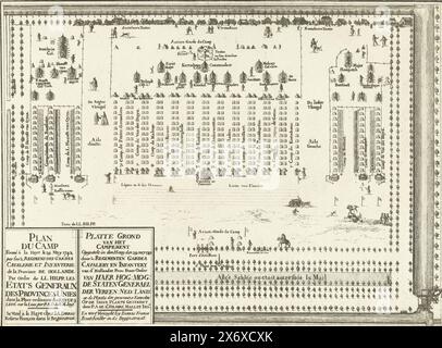 Lager bei den Haag, 1742, Plan du Camp Formé à la Haye le 29. Mai 1742 (...), Plan des Campings in den Haag am 29. Mai 1742 vom 2. Regiments Gardes Cavalery en Infantery van d' Dutch Prov Vom Auftrag van Haer Hog: MOG: De Staten Generael der vereen: Niederländisch: Land: (...) (Titel zum Objekt), Karte der Hauptarmee Übung das Lager in den Haag, ein Armeelager auf Befehl der Staaten Holland und Westfriesland in den Haagse Bos bei den Haag, 29. Mai 1742., Druck, Druckerei: anonym, nach Zeichnung von: P.A. de Saint Hilaire Mallet, (erwähnt auf Objekt Stockfoto