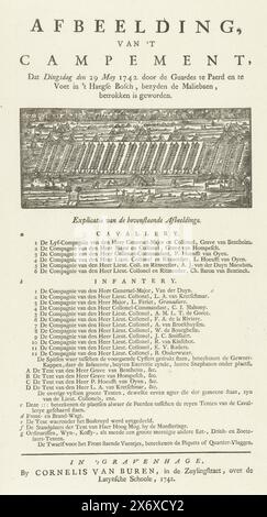 Lager bei den Haag, 1742, Bild des Campings 't, das am Dienstag, den 29. Mai 1742 von den Garden in Paerd und te Voet in 't Haegse Bosch besetzt wurde, nahe der Maliebaen (Titel auf Objekt), Ansicht der großen Armee Übung des Lagers in den Haag, auf Befehl der Bundesstaaten Holland und Westfriesland wurde am 29. Mai 1742 ein Armeelager in den Haagse Bos bei den Haag gegründet. Auf dem Blatt unter der Platte die Legenden 1-12, A-D und c-g ., Druck, Druckerei: Anonym, Verlag: Cornelis van Buren, (auf dem Objekt erwähnt), Druckerei: Nordholland, Verlag: Den Haag, 1742, Papier Stockfoto