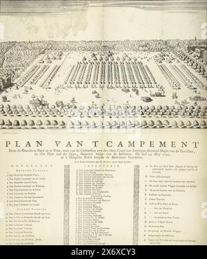 Lager bei den Haag, 1742, Plan des Campings durch die Wachen zu Pferd und zu Fuß, von denen die Obersten der Graf van Bentheym, Generalmajor der Kavallerie, und Herr Van der Duyn, Generalmajor der Infanterie sind. Am 29. Mai 1742 war in 't Haagsche Bosch die Maliebaan beteiligt (Titel auf Objekt), Ein Blick aus der Vogelperspektive auf die große Heeresübung, das Lager in den Haagse Bos bei den Haag, ein auf Befehl der Staaten Holland und Westfriesland gegründetes Heereslager, Mai 1742. Auf dem Blatt unter der Platte die Legenden 1-9, 10-18, A-M, A-W und A-Q Stockfoto