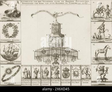 Feuerwerk in Utrecht zu Ehren von Wilhelm IV., 1747, Erleuchtung des Feuerwerks, das von den Gentlemen-Studenten zu Ehren seiner Hoheit ausgelöst wurde. In Utrecht. 1747. 27. Juli (Titel zum Objekt), im Auftrag der Studenten der Universität Utrecht, zu Ehren der Ernennung von Prinz Willem IV. Zum Statthalter der Republik und seines Besuchs in Utrecht am 27. Juli 1747, brach ein Feuerwerk auf der Neude in Utrecht auf. Zentrale Darstellung des Gerüsts für das Feuerwerk, umgeben von kleineren Darstellungen der allegorischen Verzierungen auf dem Tempel auf dem Gerüst. Oben rechts markiert Stockfoto