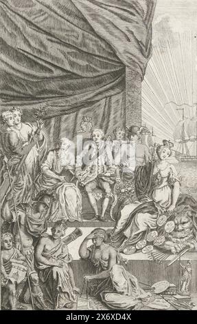 Allegory über die Erhebung von Wilhelm IV. Zum Statthalter 1747, Allegory über die Erhebung von Prinz Wilhelm IV. Zum Statthalter 1747. Der Prinz sitzt auf einem Thron, umgeben von Personifizierungen, darunter die niederländische Jungfrau, Mercury, die Freien Künste, Eendracht und Frieden. Oben markiert: IV., Druck, Druckerei: Noach van der Meer (I), (auf dem Objekt erwähnt), nach Zeichnung von: Jan Verbruggen, (auf dem Objekt erwähnt), Nordholland, 1747, Papier, Ätzen, Gravieren, Höhe, 187 mm x Breite, 123 mm Stockfoto