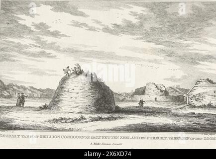 Ruinen des Oillons Coehoorn und der Lünetten Zeeland und Utrecht, Ansicht des Orillion Coehoorn und der Lünetten Zeeland und Utrecht, in Bergen op den Zoom (Titel über Objekt), zehn Ansichten der Ruinen nach der Belagerung und Zerstörung von Bergen op Zoom im Jahr 1747 (Serientitel), Besucher besuchen die Ruinen des Coehoorn-Orillon und die Lünetten Zeeland und Utrecht, Teile der zerstörten Festungen von Bergen op Zoom. Teil der Serie mit zehn Ansichten der Ruinen nach der Belagerung und Zerstörung von Bergen op Zoom durch die Franzosen im Juni-September 1747., Druck, Druckerei: Simon Fokke, (erwähnt auf Stockfoto