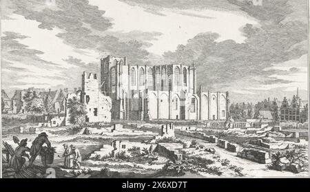 Ruin of the Grote Kerk of Bergen op Zoom, 1748, zehn Ansichten der Ruinen nach der Belagerung und Zerstörung von Bergen op Zoom 1747 (Serientitel), Ruine der Grote Kerk (Sint-Gertrudiskerk) von Bergen op Zoom, von hinten gesehen im Jahr 1748. Teil der Serie mit zehn Ansichten der Ruinen nach der Belagerung und Zerstörung von Bergen op Zoom durch die Franzosen im Juni-September 1747., Druck, Druckerei: Simon Fokke, (auf dem Objekt erwähnt), nach Zeichnung von: Cornelis Pronk, Nordholland, 1772 - 1780, Papier, Radierung, Höhe, 175 mm x Breite, 263 mm Stockfoto