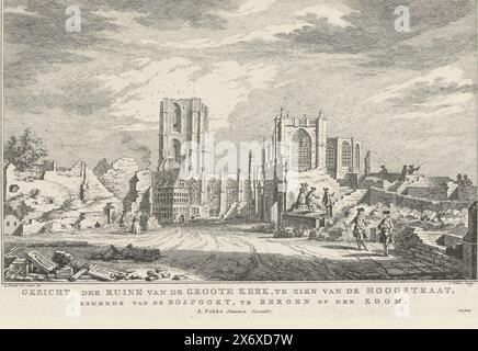 Ruin of the Grote Kerk of Bergen op Zoom, 1748, Blick auf die Ruinen der Groote Kerk, von der Hoogstraat aus gesehen, vom Bospoort kommend, in Bergen op den Zoom (Titel auf Objekt), zehn Ansichten der Ruinen nach der Belagerung und der Zerstörung von Bergen op Zoom im Jahr 1747 (Serientitel), Besucher der Ruinen der Grote Kerk (Sint-Gertrudiskerk) von Bergen op Zoom im Jahr 1748. Teil der Serie mit zehn Ansichten der Ruinen nach der Belagerung und der Zerstörung von Bergen op Zoom durch die Franzosen im Juni-September 1747., Druck, Druckerei: Simon Fokke, (auf Objekt erwähnt), nach Zeichnung von: Cornelis Stockfoto