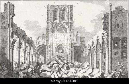 Ruine of the Grote Kerk of Bergen op Zoom, 1748, zehn Ansichten der Ruinen nach der Belagerung und Zerstörung von Bergen op Zoom im Jahr 1747 (Serientitel), Ruine des Inneren der Grote Kerk (Sint-Gertrudiskerk) von Bergen op Zoom im Jahr 1748. Teil der Serie mit zehn Ansichten der Ruinen nach der Belagerung und Zerstörung von Bergen op Zoom durch die Franzosen im Juni-September 1747., Druck, Druckerei: Simon Fokke, nach Zeichnung von: Cornelis Pronk, Nordholland, 1772 - 1780, Papier, Radierung, Höhe, 179 mm x Breite, 270 mm Stockfoto