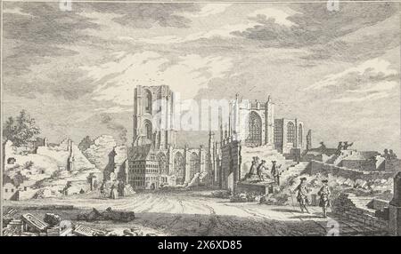 Ruine of the Grote Kerk of Bergen op Zoom, 1748, zehn Ansichten der Ruinen nach der Belagerung und Zerstörung von Bergen op Zoom im Jahr 1747 (Serientitel), Besucher der Ruinen der Grote Kerk (Sint-Gertrudiskerk) von Bergen op Zoom im Jahr 1748. Teil der Serie mit zehn Ansichten der Ruinen nach der Belagerung und Zerstörung von Bergen op Zoom durch die Franzosen im Juni-September 1747., Druck, Druckerei: Simon Fokke, nach Zeichnung von: Cornelis Pronk, Nordholland, 1772 - 1780, Papier, Radierung, Höhe, 179 mm x Breite, 270 mm Stockfoto