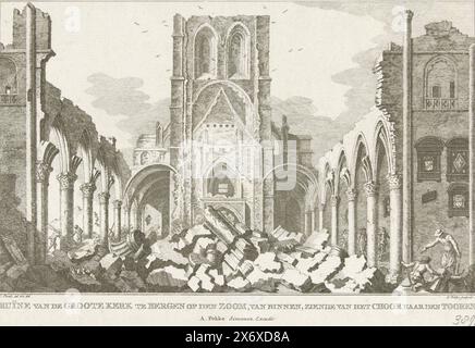 Ruine der Grote Kerk in Bergen op Zoom, 1748, Ruine der Groote Kerk in Bergen op den Zoom, von innen, Blick vom Chor zum Turm (Titel auf Objekt), zehn Ansichten der Ruinen nach der Belagerung und der Zerstörung van Bergen op Zoom im Jahr 1747 (Serientitel), Ruine des Innenraums der Grote Kerk (Sint-Gertrudiskerk) von Bergen op Zoom im Jahr 1748. Teil der Serie mit zehn Ansichten der Ruinen nach der Belagerung und Zerstörung von Bergen op Zoom durch die Franzosen im Juni-September 1747., Druck, Druckerei: Simon Fokke, (auf dem Objekt erwähnt), nach Zeichnung von: Cornelis Pronk, ( Stockfoto