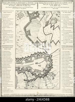 Karte der Belagerung von Bergen op Zoom, 1747, neuer Plan von Bergen op Zoom, mit den Festungen auf der Linie mit ihrer jeweiligen Belagerung und Attaque der Franzosen, seit 16. Juli 1747, Nouveau Plan de la Ville de Berge sur le Zoom (...) (Titel auf Objekt), Karte der Belagerung von Bergen op Zoom durch die Franzosen, begann am 12. Juli 1747. Karte gedruckt von zwei Platten mit den Legenden in Niederländisch und Französisch auf beiden Seiten, alle mit dekorativem Rand., Druck, Druckerei: Anonym, Verlag: Daniel Joannes Langeweg, (auf dem Objekt erwähnt), Druckerei: Nordholland, Verlag: Den Haag, 1747, Papier, Ätzung Stockfoto