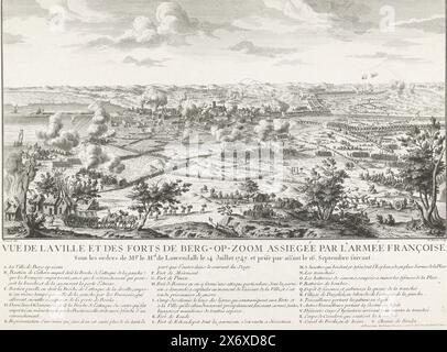 Belagerung von Bergen op Zoom, 1747, Vue de la ville et des Forts de Berg-op-Zoom siegée par l'armée Francoise unter dem Befehl von Mgr. le Mal. De Lowendalh am 14. Juli 1747. Und Preis für das Attentat am 16. September (Titel auf Objekt), Ansicht der Belagerung und Bombardierung der Stadt Bergen op Zoom durch die französische Armee unter Löwenthal. In der Beschriftung die Legende A-Y auf Französisch., Druck, Druckerei: Martin Marvie, (auf dem Objekt erwähnt), nach Zeichnung von: S. Brouard, (auf dem Objekt erwähnt), Verlag: veuve Limosin, (auf dem Objekt erwähnt), Druckerei: Frankreich, Verlag: Paris, 1747–1750, Papier Stockfoto