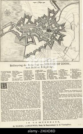 Karte der Belagerung von Bergen op Zoom, 1747, Beschreibung der starken Stadt Bergen op Zoom, mit derselver Belegeringe (Titel auf Objekt), Karte der Belagerung von Bergen op Zoom durch die Franzosen, Juli-September 1747. Auf der Seite unten ist eine Beschreibung der Stadt mit der Legende 1-35 und A-S in Niederländisch., Druck, Druckerei: Anonym, Verlag: Daniel Joannes Langeweg, (auf dem Objekt erwähnt), Druckerei: Nordholland, Verlag: Den Haag, 1747, Papier, Ätzen, Buchdruck, Höhe, 377 mm x Breite, 246 mm Stockfoto