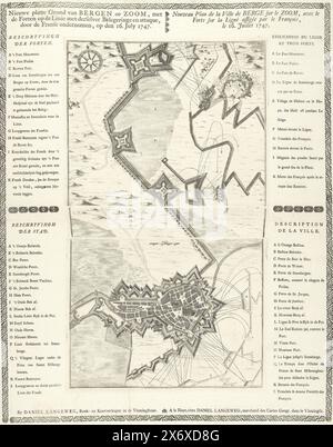 Karte der Belagerung von Bergen op Zoom, 1747, neuer Plan von Bergen op Zoom, mit den Festungen auf der Linie mit ihrer jeweiligen Belagerung und Angriff, durchgeführt von den Franzosen, am 16. Juli 1747, Nouveau Plan de la Ville de Berge sur le Zoom (...) (Titel auf Objekt), Karte der Belagerung von Bergen op Zoom durch die Franzosen, begann am 12. Juli 1747. Karte gedruckt von drei Platten mit den Legenden in Niederländisch und Französisch auf beiden Seiten, das ganze in einem dekorativen Rand., Druck, Druckerei: Anonym, Verlag: Daniel Joannes Langeweg, (auf dem Objekt erwähnt), Druckerei: Nordholland, Verlag: Den Haag Stockfoto