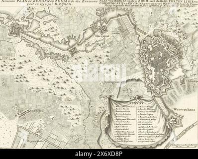 Karte von Bergen op Zoom, 1747, Nouveau Plan de Bergen op Zoom & de ses Environs fait en 1757 (...), Plan of Bergen op den Zoom, mit eigener Forts Line of Communication and Environment, kopiert und D'Attaque von der französischen Ao. 1747, gegen die Stadt, hier auf Gebragt Ao. 1757 von Dirk Zijen (Titel über Objekt), Karte der Belagerung von Bergen op Zoom durch die Franzosen im Jahr 1747. Mit einem Teil des Gebiets mit der Verteidigungslinie mit den Forts Rover, Pinsen und Moermont und mit dem Dorf Halteren., Druck, Druckerei: Dirk Zijnen, (auf dem Objekt erwähnt), Nordholland, 1757, Papier, Ätzen, Gravieren, Höhe Stockfoto