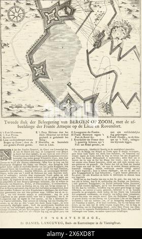 Belagerung der Festungen in Bergen op Zoom, 1747, zweiter Teil der Belagerung von Bergen op Zoom, mit der Darstellung der französischen Attaque on the Line und des Rovers Fort (Titel auf Objekt), Karte der Belagerung der Linie mit Festungen in Bergen op Zoom durch die Franzosen, Juli Bis September 1747. Auf dem Blatt unter der Platte eine Beschreibung der Ereignisse mit der Legende A-K auf Niederländisch., Druck, Druckerei: Anonym, Verlag: Daniel Joannes Langeweg, (auf dem Objekt erwähnt), Druckerei: Nordholland, Verlag: Den Haag, 1747, Papier, Ätzen, Buchdruck, Höhe, 394 mm x Breite, 262 mm Stockfoto