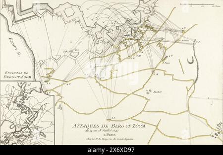 Bombardierung von Bergen op Zoom, 1747, Attaques de Berg-op-Zoom du 14 au 15 Juillet 1747 (Titel auf Objekt), Bombardierung von Bergen op Zoom durch die Franzosen am 14. Und 15. Juli 1747, die Gräben farbig. Unten links ein Einschnitt mit einer Karte des größeren Bereichs., Print, Print Maker: Anonym, Verlag: Le Rouge, (auf dem Objekt erwähnt), Paris, 1747, Papier, Ätzen, Höhe, 309 mm x Breite, 470 mm Stockfoto