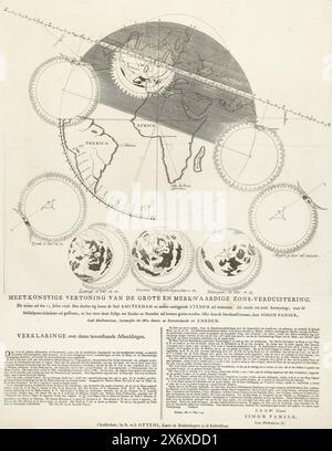 Sonnenfinsternis vom 25. Juli 1748, Begegnung mit der großen und bemerkenswerten Sonnenfinsternis. Das wird die 25 sein. Julius 1748. Wie sie über der Stadt Amsterdam und anderen umliegenden Städten erscheinen wird (...) (Titel auf Objekt), astronomische Darstellung, wie die unvollständige Sonnenfinsternis vom 25. Juli 1748 in Amsterdam und Umgebung zu beobachten ist und wie sie einen Schatten auf die nördliche Erdhalbkugel werfen wird. Mit verschiedenen Stadien der Sonnenfinsternis. Unter der Platte ist ein Textblatt mit dem Titel und einer Erläuterung der Performance in zwei Spalten von Simon Panser eingefügt Stockfoto