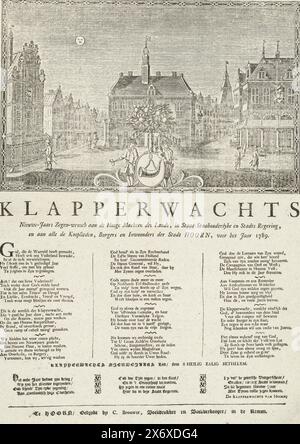 Neujahrsdruck der Hoornse Klapperwacht für das Jahr 1789, Klapperwachts Neujahrssegenswunsch an die Hohen Mächte des Landes, im Staat Stadthouderlyke und Stadtverwaltung, und an alle Kaufleute, Bürger und Einwohner der Stadt Hoorn, für das Jahr 1789 (Titel auf Objekt), Neujahrsabdruck der Klatschwache (Nachtwache) der Stadt Hoorn für das Jahr 1789. Gewidmet den Administratoren und Bewohnern von Hoorn. Zwei Mitglieder der Wache stehen an einem Orangenbaum mit dem Wappen von Hoorn, im Hintergrund der Platz de Roode Steen in Hoorn mit dem Stockfoto