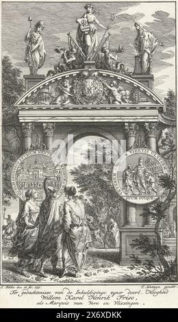 Allegorie zur Einweihung Wilhelms IV. In Veere und Vlissingen, 1751, zum Gedenken an seine Einweihung. Eure Hoheit Willem Karel Henrik Friso, als Marquis von Vere und Vlissingen (Titel zum Objekt), Allegory zur Einweihung von Stadthalter Wilhelm IV. In Veere und Vlissingen am 1. Und 5. Juni 1751. Triumphtor mit allegorischen Figuren und der Medaille bei dieser Gelegenheit., Druck, Druckerei: Simon Fokke, (auf Objekt erwähnt), nach eigenem Entwurf von: Simon Fokke, (auf Objekt erwähnt), Verlag: Frans Houttuyn, (auf Objekt erwähnt), Nordholland, 1751, Papier, Ätzen Stockfoto