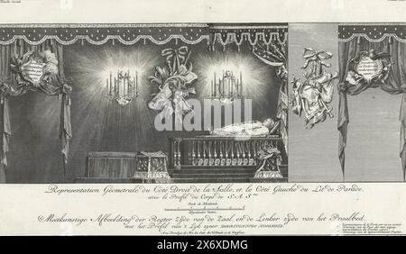 Rechte Seite des Saals mit dem majestätischen Bett von Prinz Willem IV, 1751, Darstellung Geometrale du Côte Droit (...), Maß Konstige Bild der rechten Seite des Saals und die linke Seite des Majestic Bed, mit dem Profil von 't Lyk zynder Ihrer ruhigen Hoheit (Titel zum Objekt), Königliches Bett Wilhelm IV. (Serientitel), rechte Seite des Zimmers mit dem königlichen Bett mit dem Körper von Prinz Wilhelm IV. Teil der Serie von vier Platten des Mausoleums, auf dem Prinz Wilhelm IV. der am 22. Oktober starb, lag in den Monaten November und Dezember des Jahres 1751., gedruckt, gedruckt Stockfoto