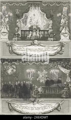 Zwei Darstellungen des Mausoleums von Prinz Willem IV., 1751, Blatt mit zwei kleinen Darstellungen des Begräbnisstuhls mit Besuchern und des Mausoleums von Prinz Willem IV., er starb am 22. Oktober, wo er während der Monate November und Dezember des Jahres 1751 in Zustand lag. Unter beiden Szenen befindet sich ein hängendes Tuch mit Inschrift. Oben rechts markiert: III., Druck, Druckerei: Simon Fokke, (auf Objekt erwähnt), nach eigenem Entwurf von: Simon Fokke, (auf Objekt erwähnt), Verlag: Frans Houttuyn, (auf Objekt erwähnt), Nordholland, 1751, Papier, Ätzen, Gravieren Stockfoto