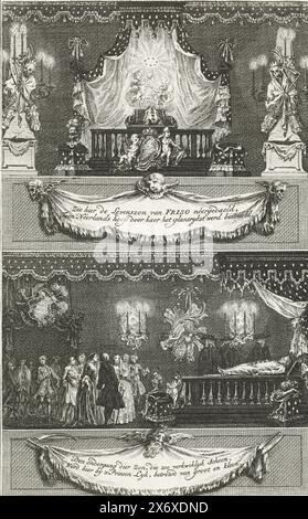 Zwei Darstellungen des Mausoleums von Prinz Willem IV., 1751, Blatt mit zwei kleinen Darstellungen des Begräbnisstuhls mit Besuchern und des Mausoleums von Prinz Willem IV., er starb am 22. Oktober, wo er während der Monate November und Dezember des Jahres 1751 in Zustand lag. Unter beiden Szenen befindet sich ein hängendes Tuch mit Inschrift. Oben rechts markiert: III., Druck, Druckerei: Simon Fokke, (auf Objekt erwähnt), nach eigenem Entwurf von: Simon Fokke, (auf Objekt erwähnt), Verlag: Frans Houttuyn, (auf Objekt erwähnt), Nordholland, 1751, Papier, Ätzen, Gravieren Stockfoto