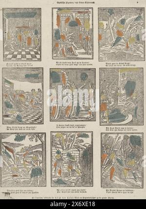 Biblische Figuren, Altes Testament (Titel auf Objekt), Blatt mit 9 Darstellungen der Geschichte Davids aus dem Alten Testament. Unter jedem Bild befindet sich eine zweizeilige Strophe. Nummeriert: 9., Print, Herausgeber: Jan van Lee, (auf dem Objekt erwähnt), Druckerei: Anonym, Verlag: Haarlem, Druckerei: Niederlande, 1739 - 1786, Papier, Buchdruck, Höhe, 390 mm x Breite, 290 mm Stockfoto