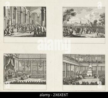 Ungeschnittenes Blatt mit sechs Darstellungen, von denen vier historische Ereignisse aus dem Jahr 1790 darstellen. Ungeschnittenes Blatt mit 6 Darstellungen auf einer Kupferplatte, darunter 4 historische Ereignisse und 2 Illustrationen für einen unbekannten Roman. Darstellungen von: 1) der Platzierung von Van der Noots Porträt auf dem Altar einer Kirche in Brüssel, 17. Juni 1790; 2) der Segnung der Fahne des Heiligen Lambert vor Lüttich am 24. Mai 1790; 3) unbekanntes Ereignis; 4) die erste Generalversammlung der Gesellschaft zugunsten des Generals in der Altlutherischen Kirche in Amsterdam am 10. August 1790., Druckerei: Cornelis Brouwer Stockfoto