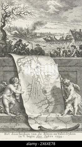 Durchbruch der Rhein- und IJssel-Deiche, 1754, Abbruch der Rhyn- und Yssel-Deiche Anfang des Jahres 1754 (Titel zum Objekt), Hochwasser nach dem Abbruch der Flussdeiche entlang des Rheins und der IJssel, Januar 1754. Unten zwei Putten mit einer Karte des Flussgebietes zwischen Kampen und Emmerich, oben flüchten Bewohner mit Haushaltswaren und Vieh aus dem überfluteten Land., Druck, Druckerei: Simon Fokke, (auf Objekt erwähnt), nach eigenem Entwurf von: Simon Fokke, (auf Objekt erwähnt), Verlag: Frans Houttuyn, (im Gegenstand erwähnt), Nordholland, 1754, Papier, Ätzen Stockfoto