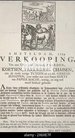 Cartoon über die abgesetzten Offiziere der Chirurgen-Gilde in Amsterdam, 1754, Amsteldam, 1754. Verkauf", einer großen Anzahl von Doctal-Pferden, Kutschen, Farragons, Chaisen (...) (Titel über Objekt), Cartoon über die abgesetzten Offiziere 1754 der Chirurgengilde in Amsterdam in Form einer Werbung, in der die Besitztümer der Chirurgen zum Verkauf angeboten wurden. Zwei Szenen mit einem Triumphwagen, der oben Hollandt und unten einen Pferdemarkt markiert. Mit Text auf der Seite unter den Aufführungen., Druck, Druckerei: Anonym, Druckerei: Jan Vos Jemaar, Nordholland, 1754, Papier, Buchdruck Stockfoto