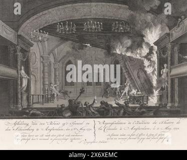 Bühne des Amsterdamer Theaters beim Ausbruch des Feuers, 1772, Bild des Feuers auf der Bühne im Theater in Amsterdam; 11. Mai 1772, Darstellung der Incendie du Theater de la Comedie in Amsterdam; le 11 May, 1772 (Titel über Objekt), The Fire in the Amsterdam Theater, 1772 (Serientitel), Blick auf die Bühne des Amsterdamer Theaters während des Ausbruchs des Feuers am 11. Mai 1772. Das Feuer brach während der Aufführung der Oper „der Deserteur“ aus. Schauspieler flüchten auf die Bühne und ein brennendes Bühnenbild fällt auf der rechten Seite um. Im Vordergrund flüchten Musiker aus der Orchestergrube Stockfoto