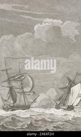 US-amerikanischer Freibeuter Cunningham nimmt ein englisches Schiff, 1777, US-amerikanischer Freibeuter-Kapitän Cunningham schießt und nimmt ein englisches Paketboot im Kanal ein, 2. Mai 1777., Druck, Druckerei: Reinier Vinkeles (I), (erwähnt auf Objekt), nach Zeichnung von: Jacobus Buys, (erwähnt auf Objekt), Nordholland, 1786, Papier, Ätzen, Höhe, 195 mm x Breite, 138 mm Stockfoto