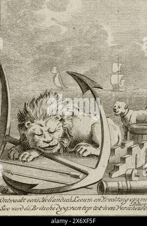 The British Dog Interrupts the Sleeping Dutch Lion, ca. 1780–1783, Serie von sechs kleinen Bildern über britischen Neid um die niederländische Macht, ca. 1780-1783 (Serientitel), Cartoon, in dem der niederländische Löwe auf Anker schlafend von einem britischen Hund gestört wird. Mit zweizeiliger Beschriftung. Teil einer Serie von sechs kleinen Aufführungen über die Spannungen zwischen England und den Niederlanden, ca. 1780-1783., Print, Print Maker: Anonymous, Northern Netherlands, 1780 - 1783, Papier, Ätzen, Gravieren, Höhe, 77 mm x Breite, 52 mm Stockfoto