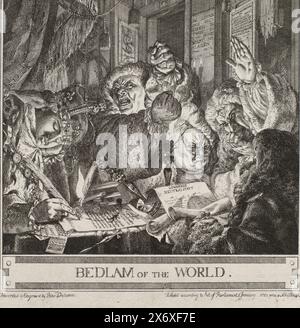 Cartoon on the English Declaration of war on the Republic, 1780, Bedlam of the World (title on object), Cartoon on the English Declaration of war on the Republic. König Georg III. Unterzeichnete am 20. Dezember 1780 die Kriegserklärung gegen die Republik, während er im Licht einer herabfallenden Kerze schlief. Rechts ein Mann mit einem Dokument über bewaffnete Neutralität, ihm gegenüber drei weitere wütende Herren., Druck, Druckerei: Anonym, Druckerei: Jan Gerard Waldorp, (zugeschrieben), Nordholland, Jan-1781, Papier, Ätzen, Höhe, 204 mm x Breite, 223 mm Stockfoto