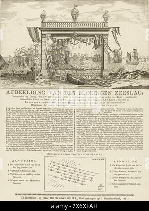 Triumphbogen mit der Marineschlacht bei Dogger Bank, 1781, Bild der blutigen Marineschlacht, ereignete sich am Sonntag, den 5. August 1781, in der Nordsee (...) (Titel auf Objekt), Blick von der Küste durch eine Art Steinportal oder Triumphbogen auf die Schlacht zwischen niederländischen und englischen Schiffen während der Marineschlacht von Dogger Bank am 5. August 1781 zwischen der niederländischen Flotte unter Konteradmiral Johan Zoutman und der englischen Flotte unter Vizeadmiral Hyde Parker. Es gibt drei Vasen auf dem Gebäude, die mit niederländischen Flaggen und Schiffsattributen verziert sind, die an einer Linie hängen. Auch am Strand alle Stockfoto